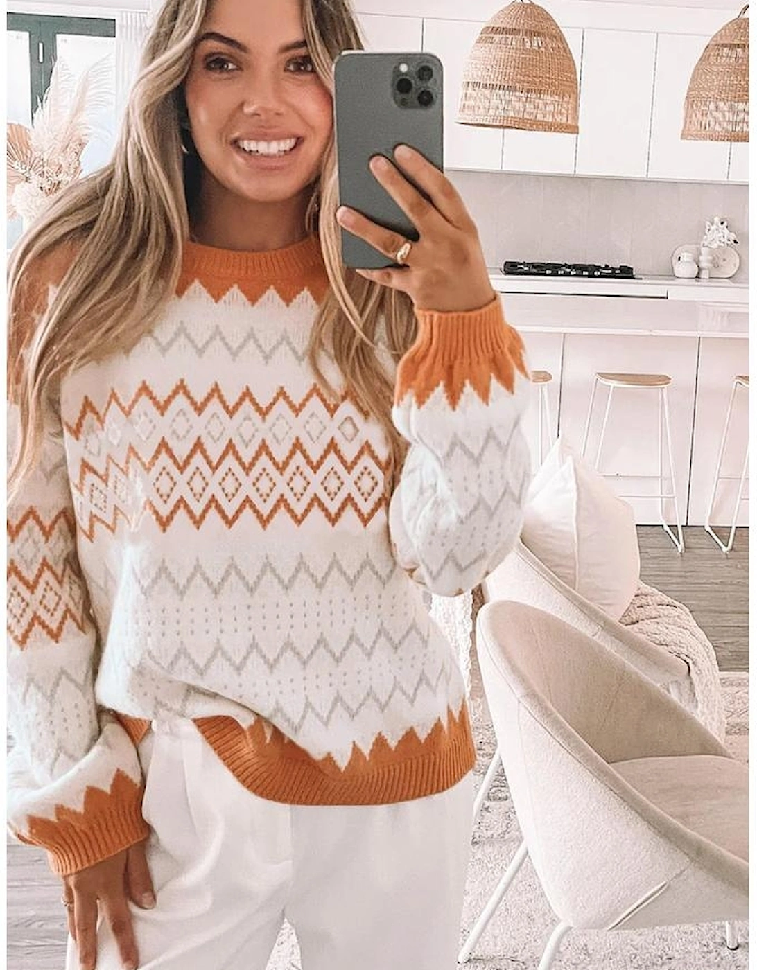 Khaki Zigzag Geometric Pattern Knitted Pullover Sweater
