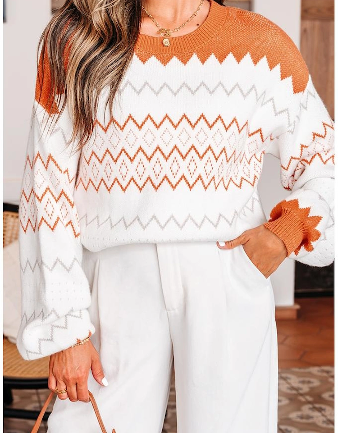 Khaki Zigzag Geometric Pattern Knitted Pullover Sweater