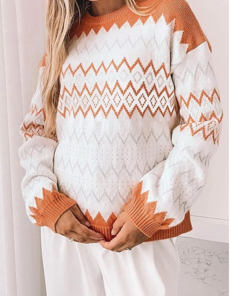 Khaki Zigzag Geometric Pattern Knitted Pullover Sweater