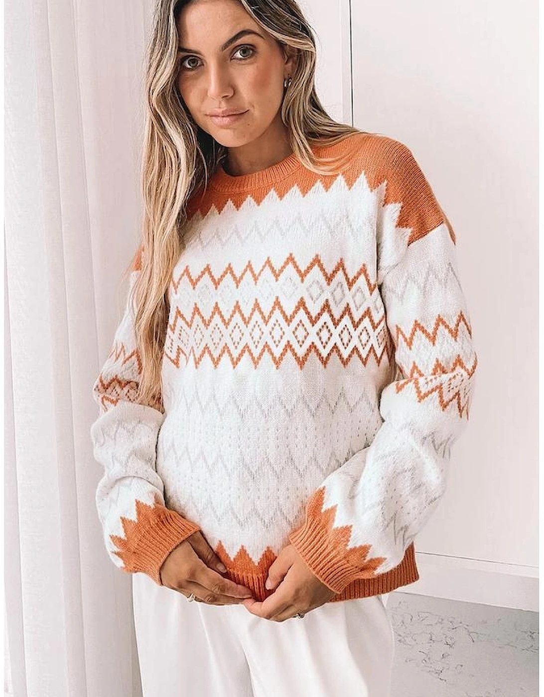 Khaki Zigzag Geometric Pattern Knitted Pullover Sweater