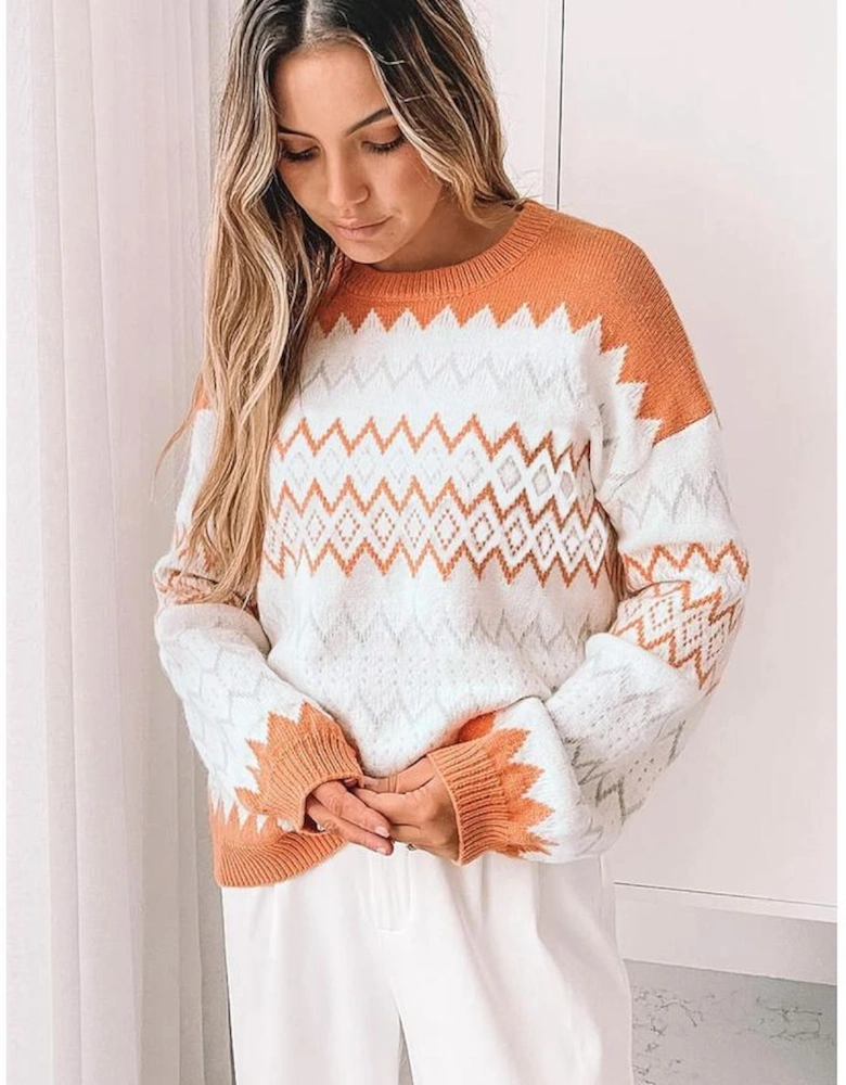 Khaki Zigzag Geometric Pattern Knitted Pullover Sweater