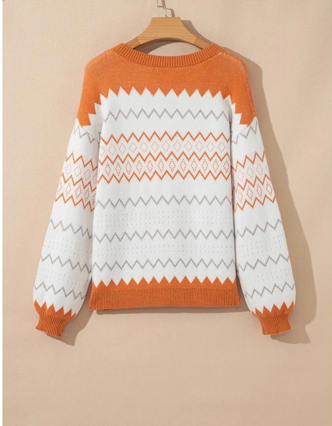 Khaki Zigzag Geometric Pattern Knitted Pullover Sweater