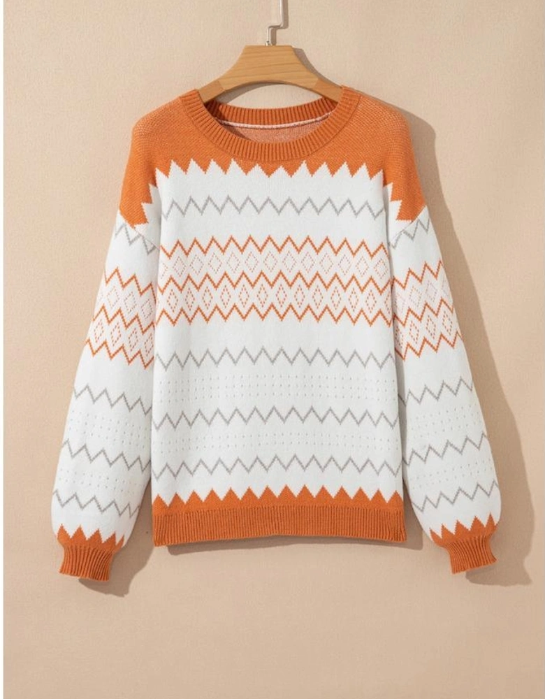 Khaki Zigzag Geometric Pattern Knitted Pullover Sweater