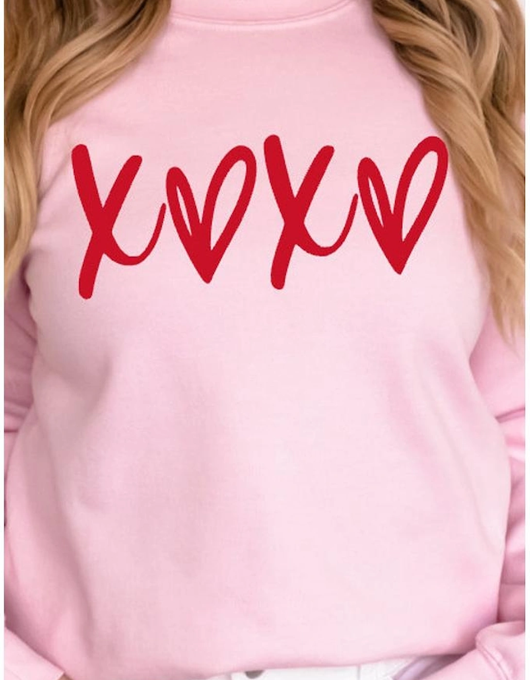 Pink Heart XOXO Graphic Crewneck Drop Shoulder Valentines Sweatshirt