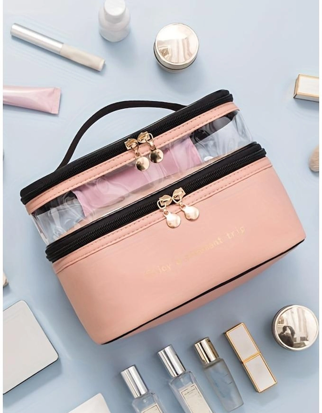 Pink Waterproof PVC Double-layer Cosmetic Bag