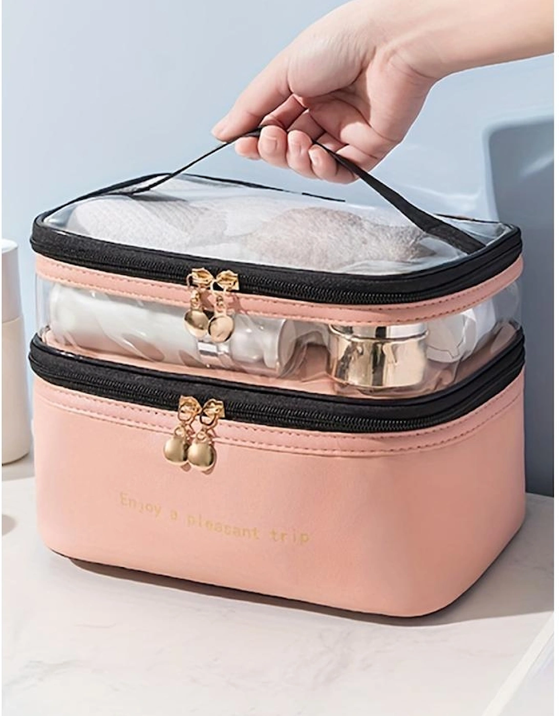 Pink Waterproof PVC Double-layer Cosmetic Bag