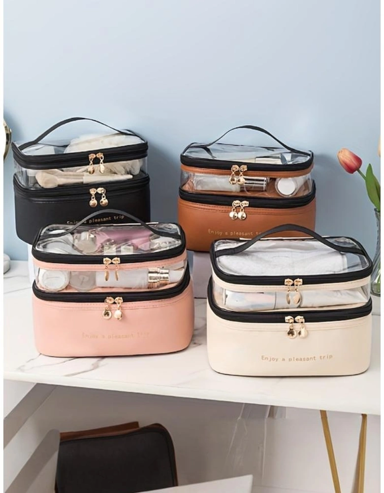 Pink Waterproof PVC Double-layer Cosmetic Bag