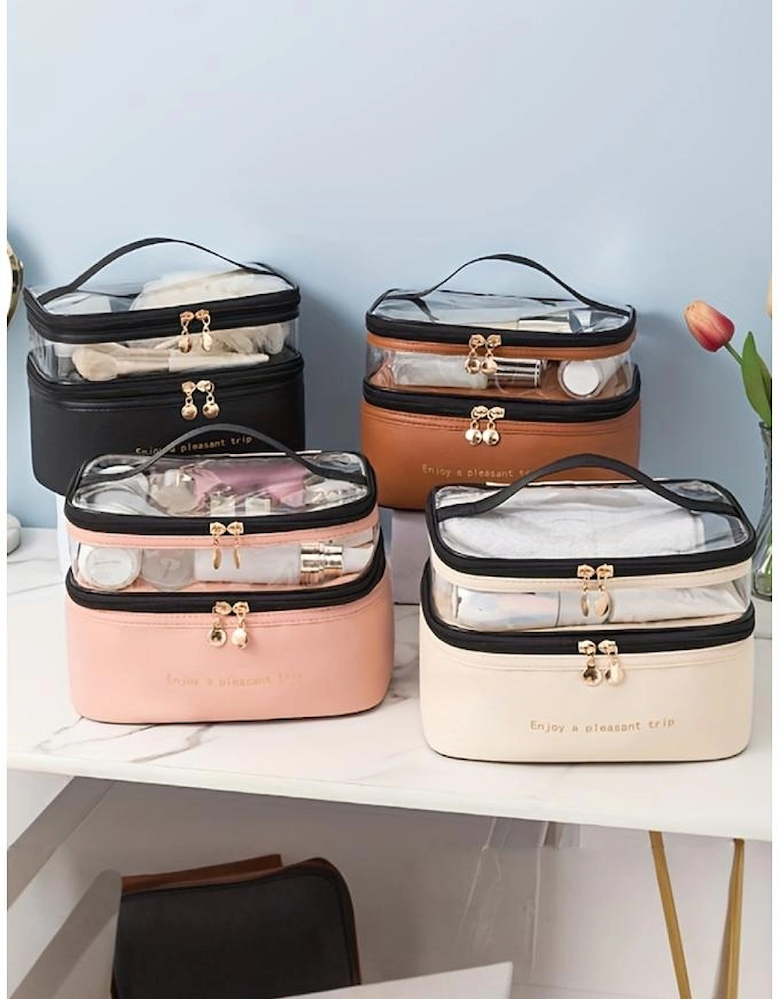 Pink Waterproof PVC Double-layer Cosmetic Bag