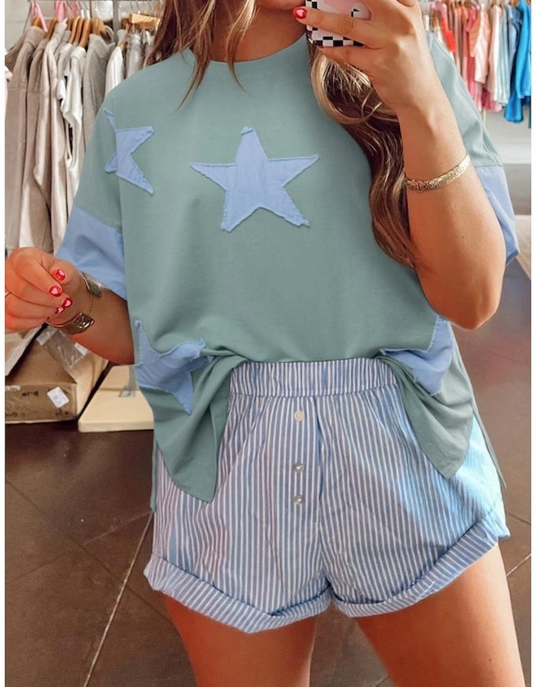 Smoke Green Frayed Denim Star Patched Oversize T Shirt