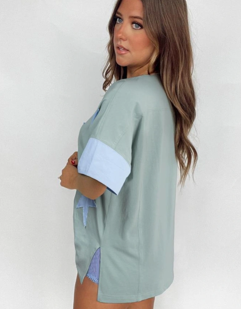 Smoke Green Frayed Denim Star Patched Oversize T Shirt