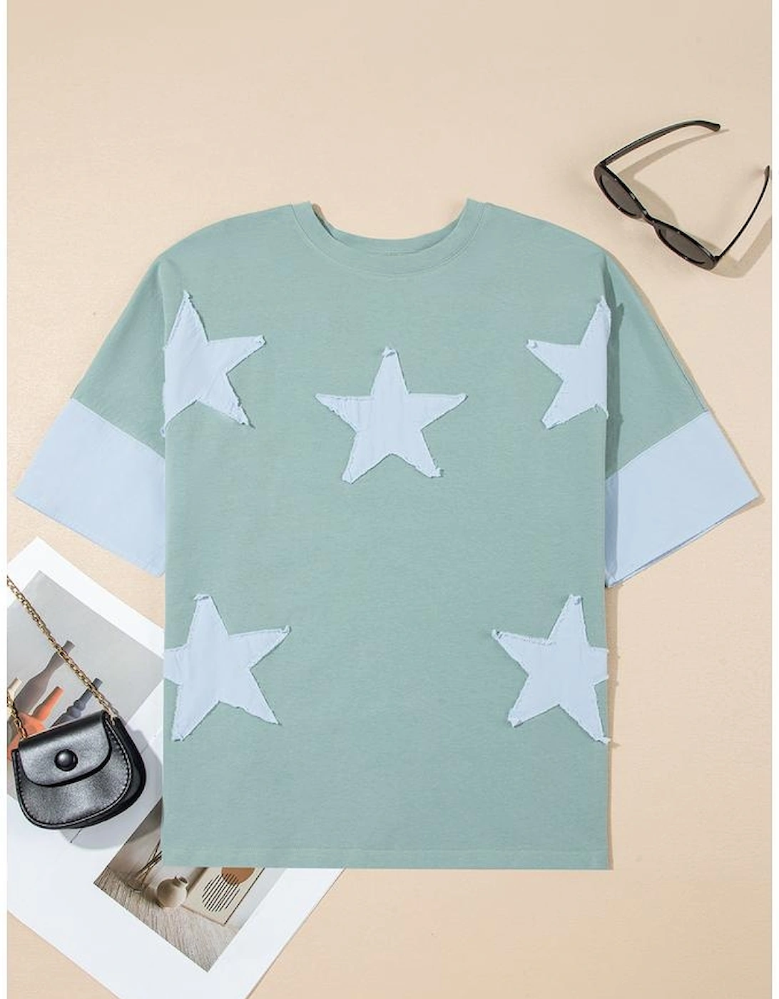 Smoke Green Frayed Denim Star Patched Oversize T Shirt