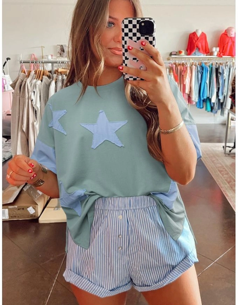 Smoke Green Frayed Denim Star Patched Oversize T Shirt