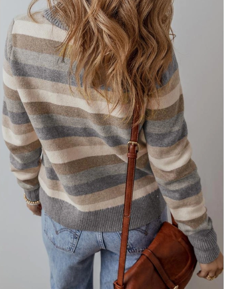 Gray Stripe Color Block Ribbed Edge Round Neck Sweater