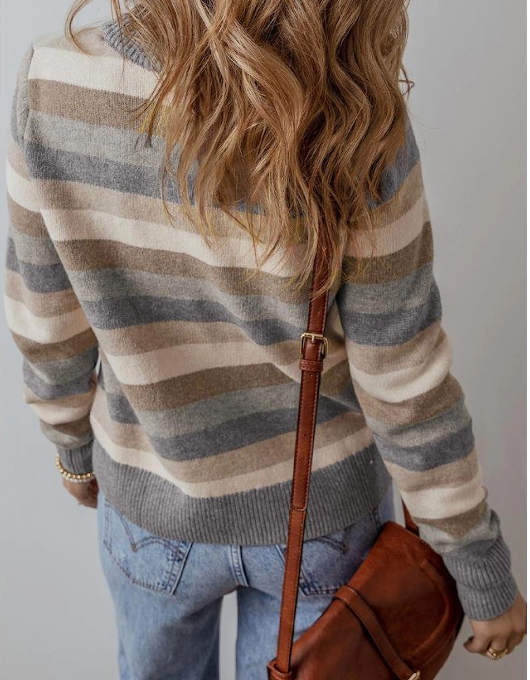 Gray Stripe Color Block Ribbed Edge Round Neck Sweater, 3 of 2
