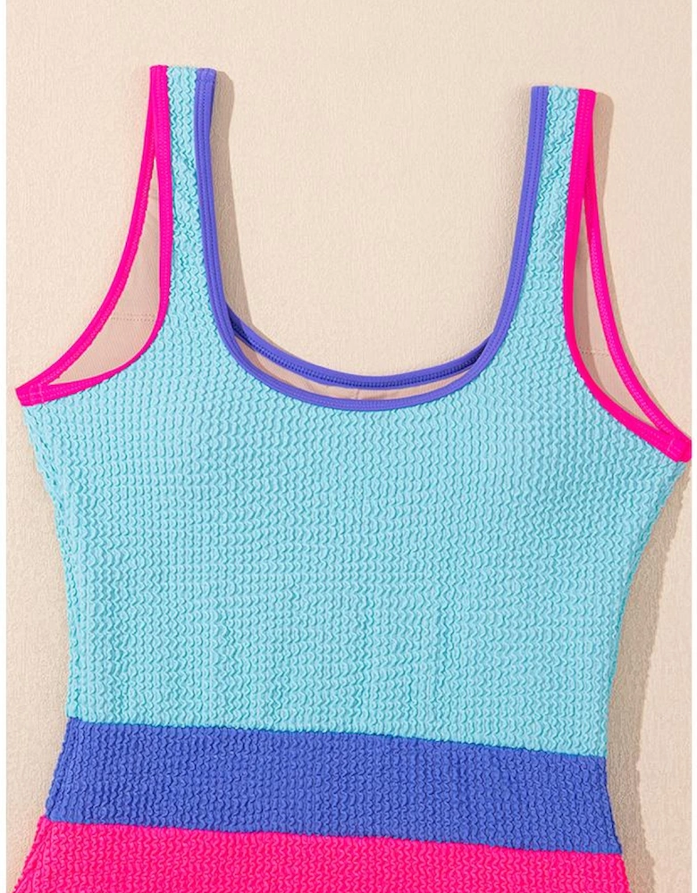 Rose Red Textured Color Block Patchwork One Piece Swimsuit