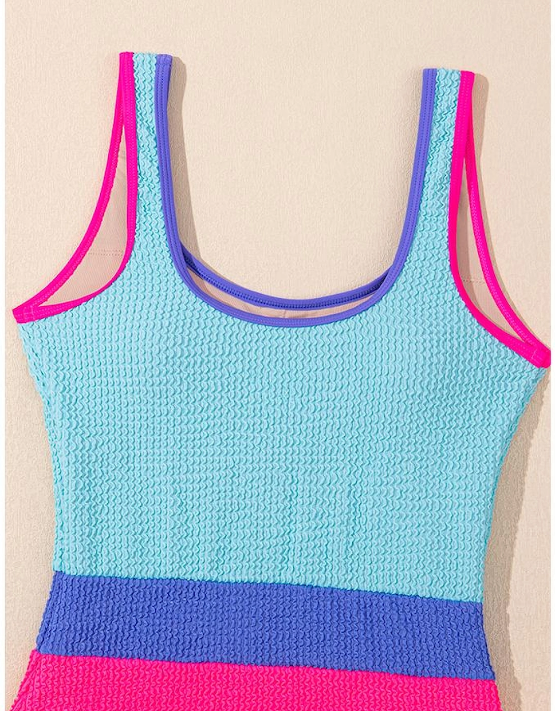 Rose Red Textured Color Block Patchwork One Piece Swimsuit