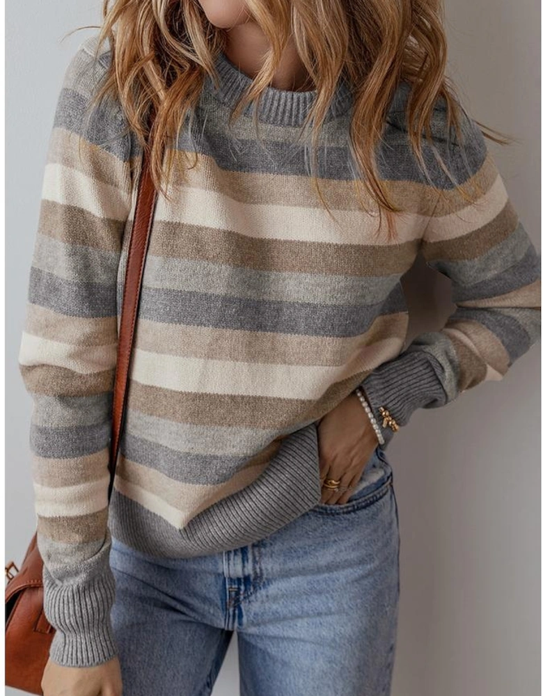 Gray Stripe Color Block Ribbed Edge Round Neck Sweater