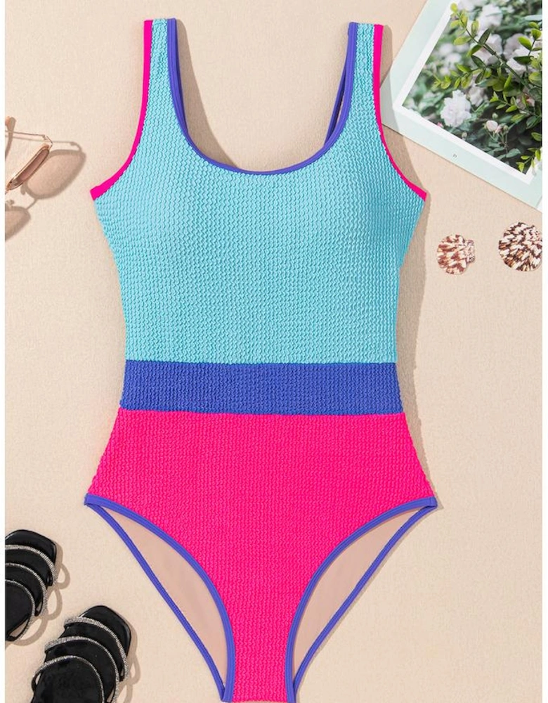 Rose Red Textured Color Block Patchwork One Piece Swimsuit