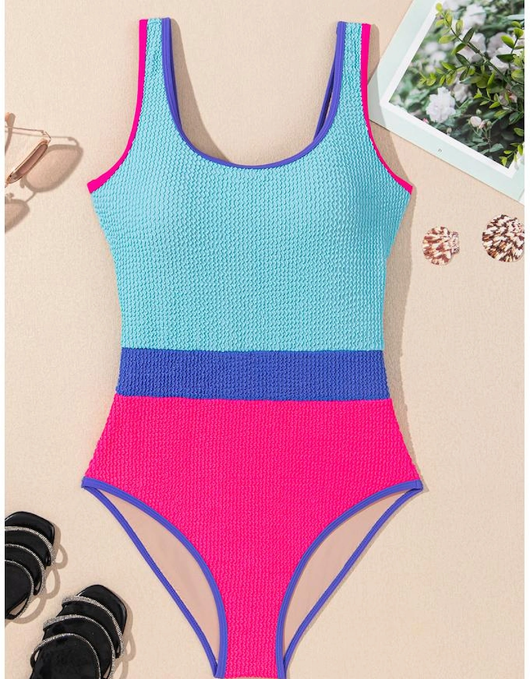Rose Red Textured Color Block Patchwork One Piece Swimsuit