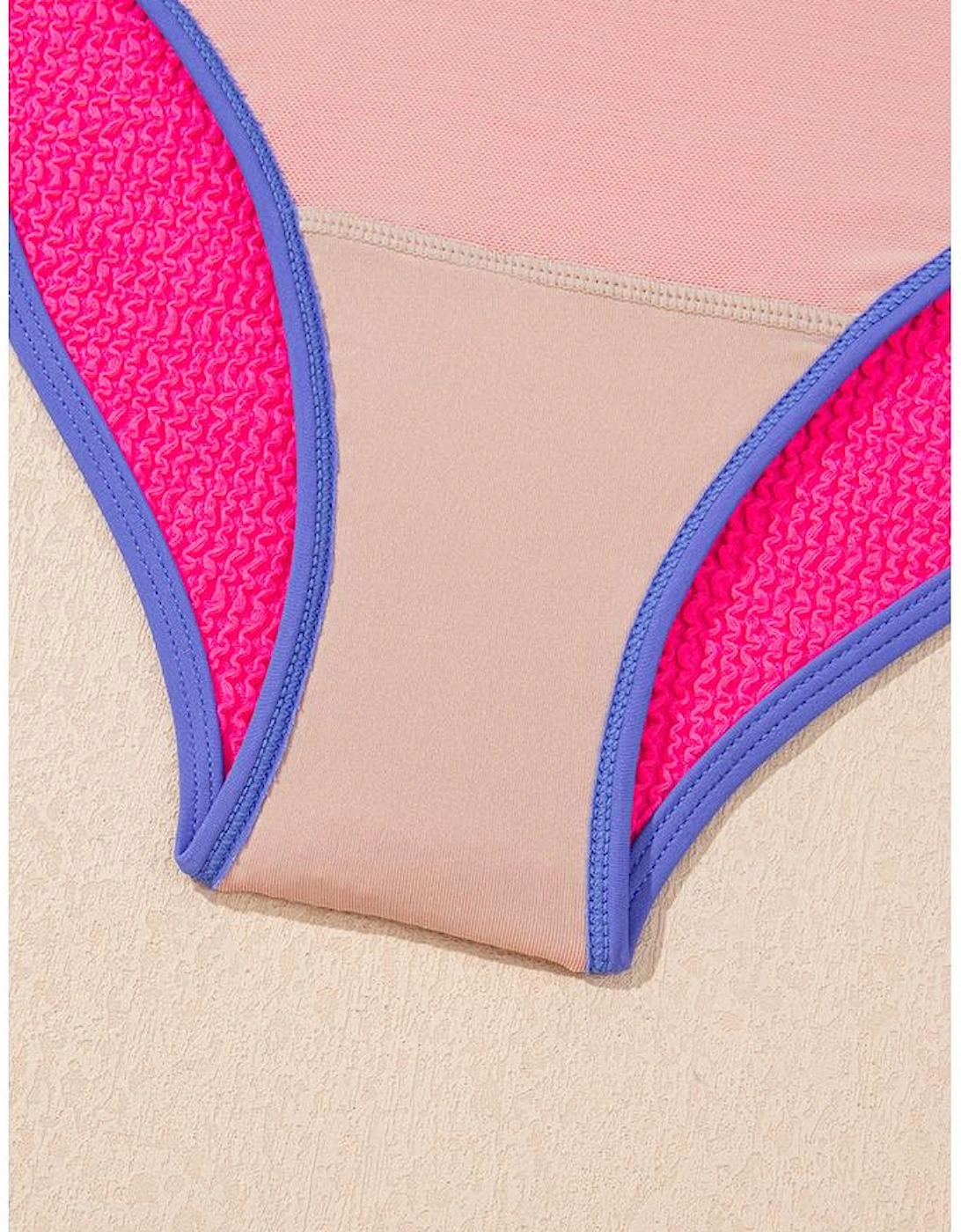 Rose Red Textured Color Block Patchwork One Piece Swimsuit