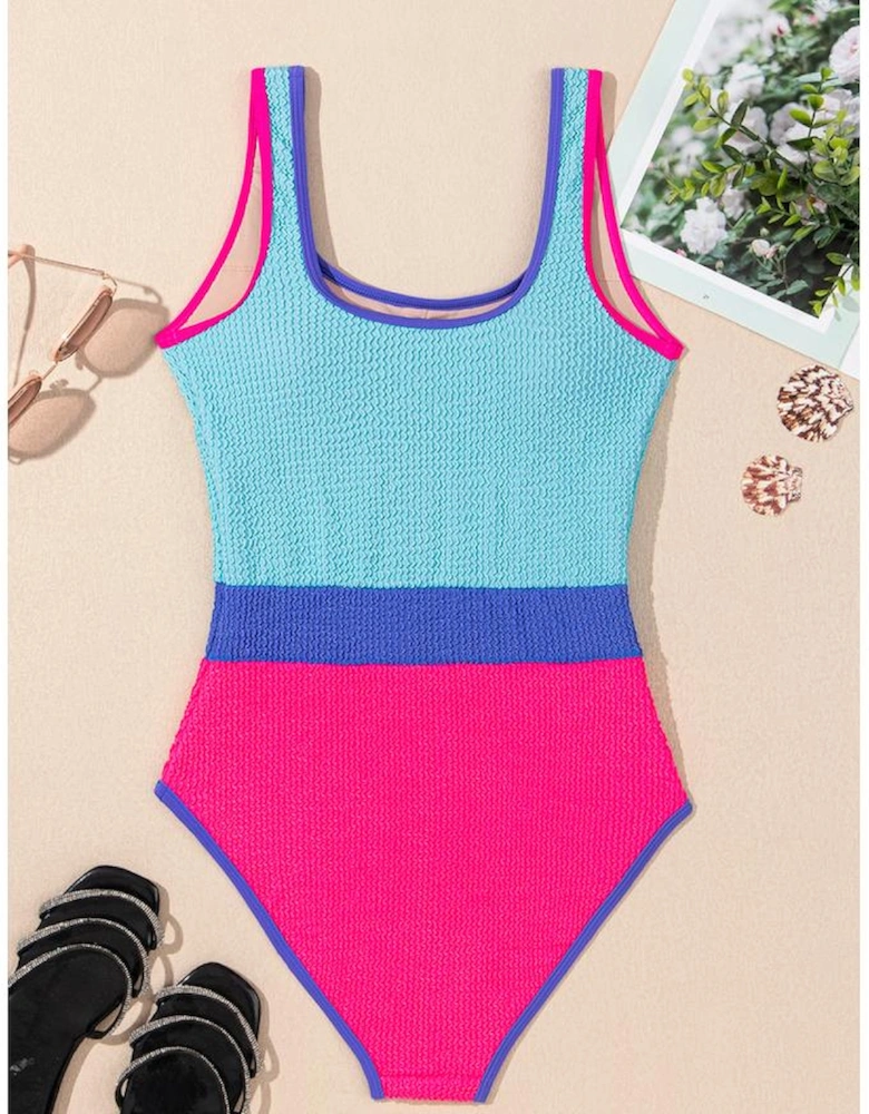 Rose Red Textured Color Block Patchwork One Piece Swimsuit