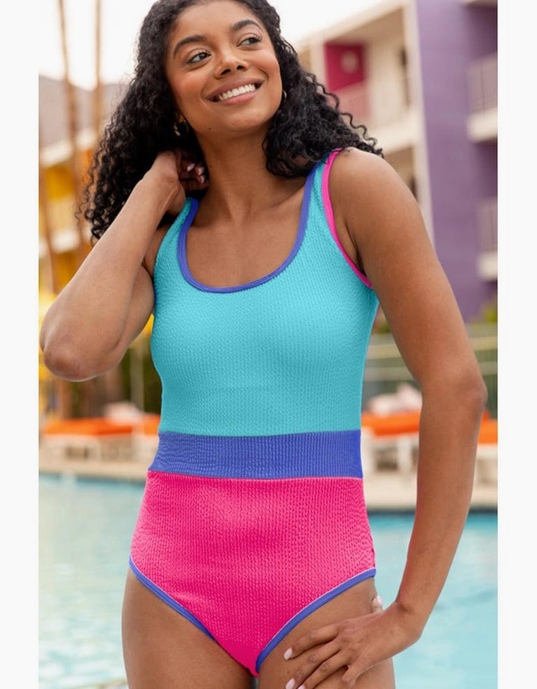 Rose Red Textured Color Block Patchwork One Piece Swimsuit