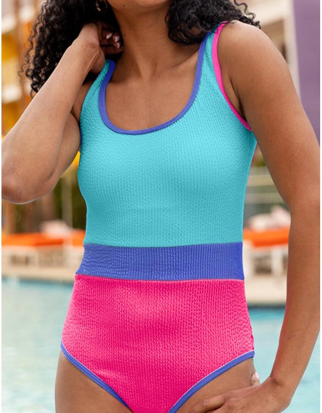 Rose Red Textured Color Block Patchwork One Piece Swimsuit