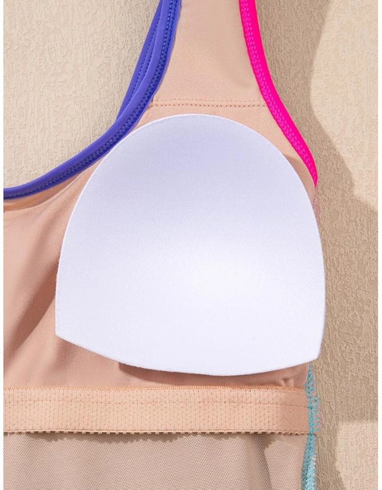 Rose Red Textured Color Block Patchwork One Piece Swimsuit