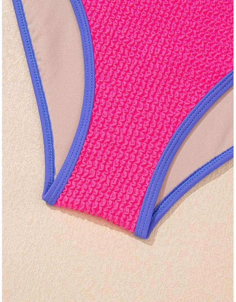 Rose Red Textured Color Block Patchwork One Piece Swimsuit