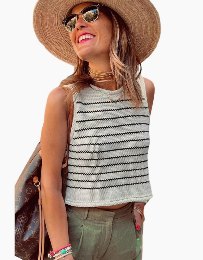 Black Stripe Raw Edge Crew Neck Knitted Vest