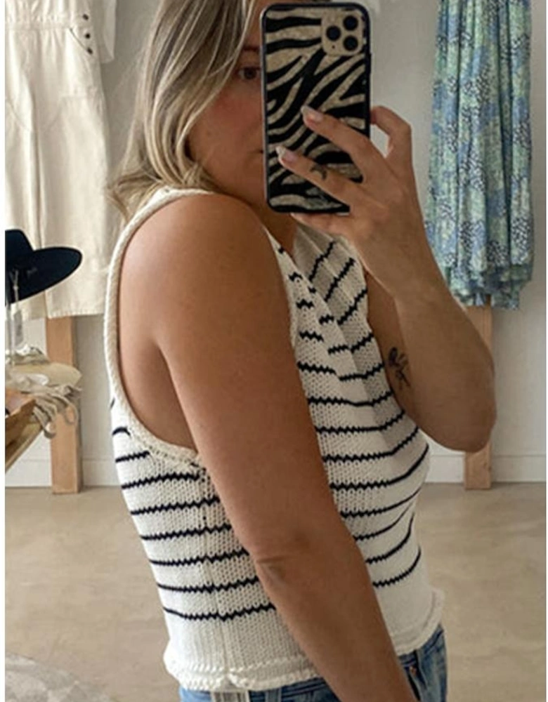 Black Stripe Raw Edge Crew Neck Knitted Vest