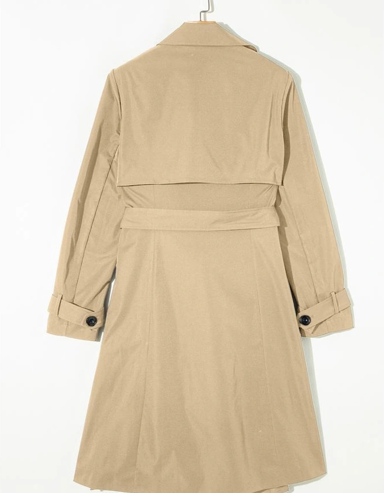 Pale Khaki Solid Color Lapel Collar Waist Tie Wind Coat
