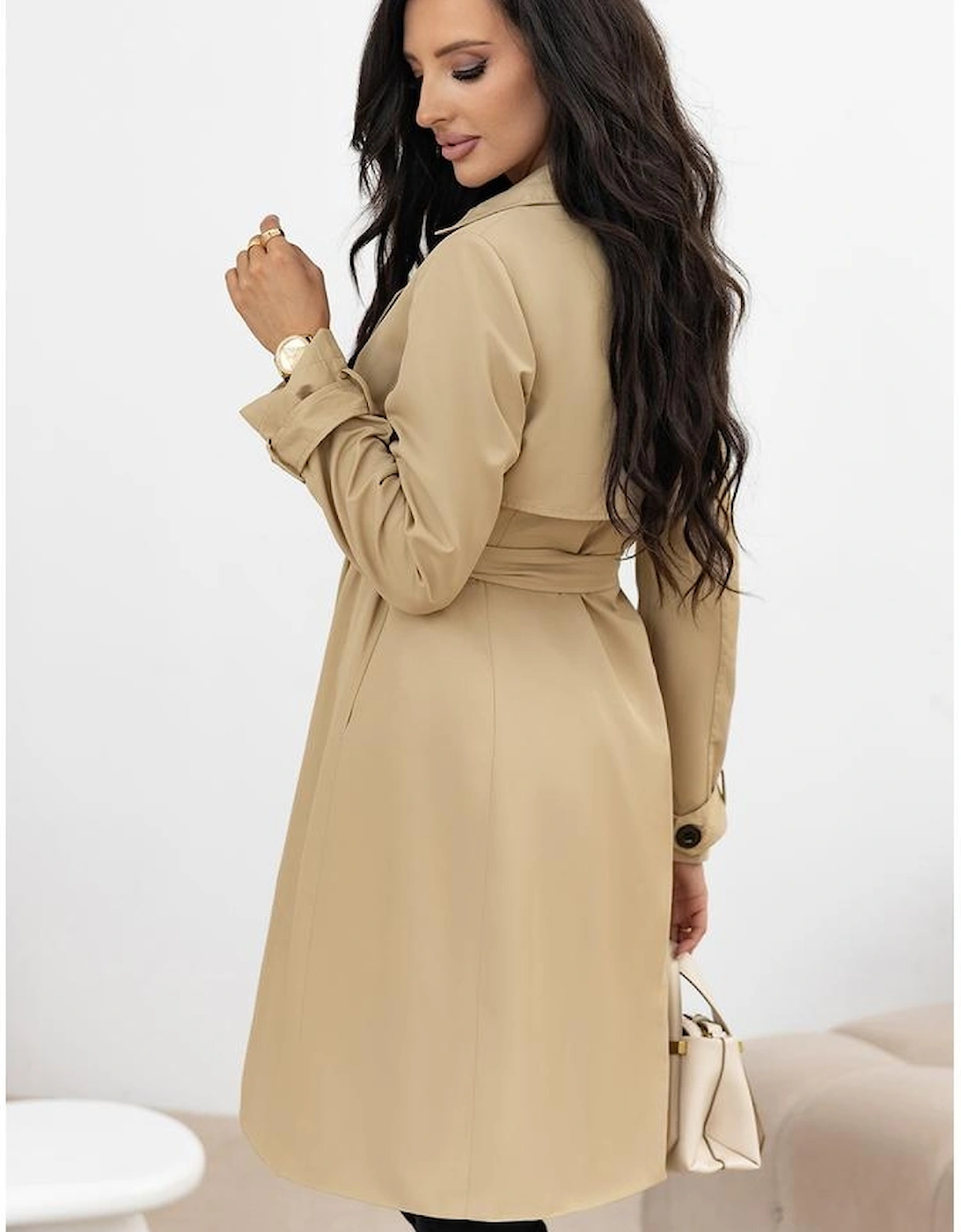 Pale Khaki Solid Color Lapel Collar Waist Tie Wind Coat, 16 of 15