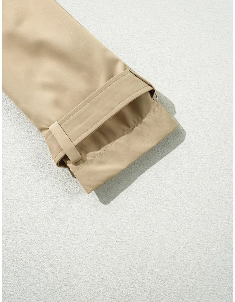 Pale Khaki Solid Color Lapel Collar Waist Tie Wind Coat