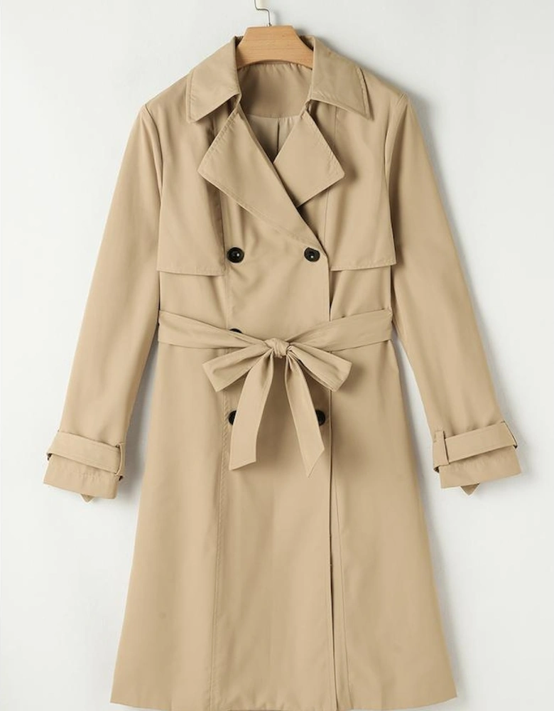 Pale Khaki Solid Color Lapel Collar Waist Tie Wind Coat