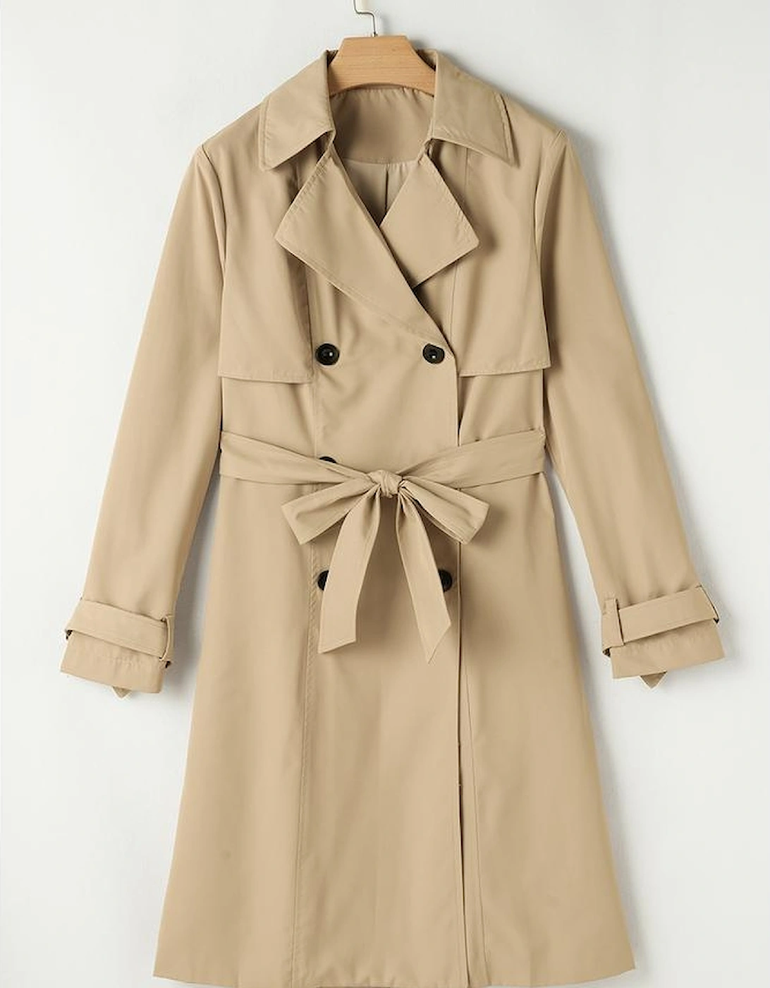 Pale Khaki Solid Color Lapel Collar Waist Tie Wind Coat