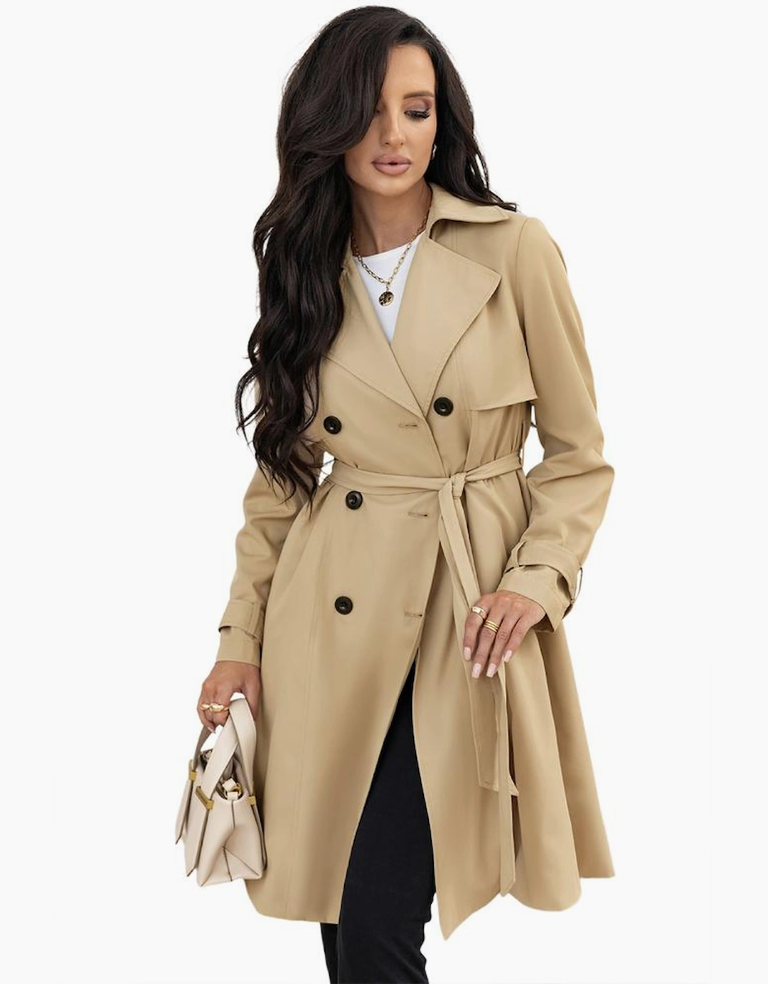Pale Khaki Solid Color Lapel Collar Waist Tie Wind Coat