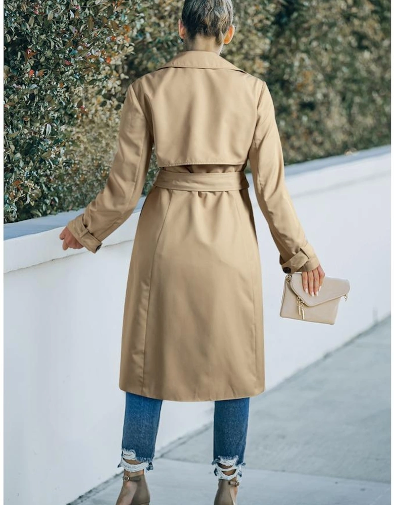 Pale Khaki Solid Color Lapel Collar Waist Tie Wind Coat