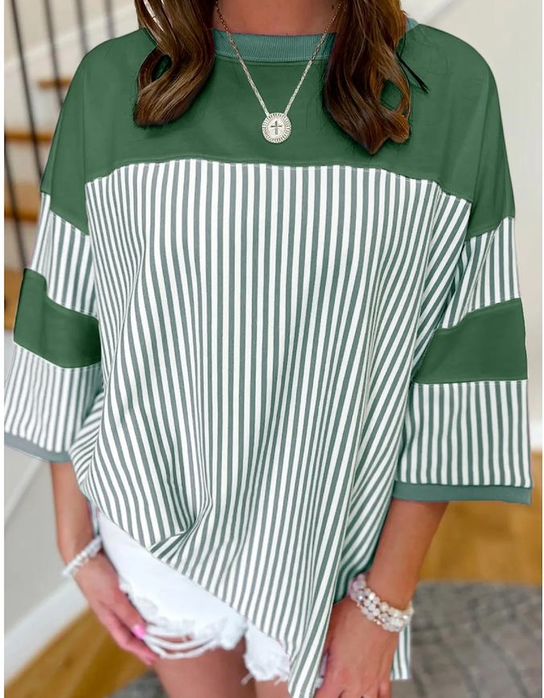 Mist Green Striped Patchwork 3/4 Sleeve Oversize Top, 4 of 3