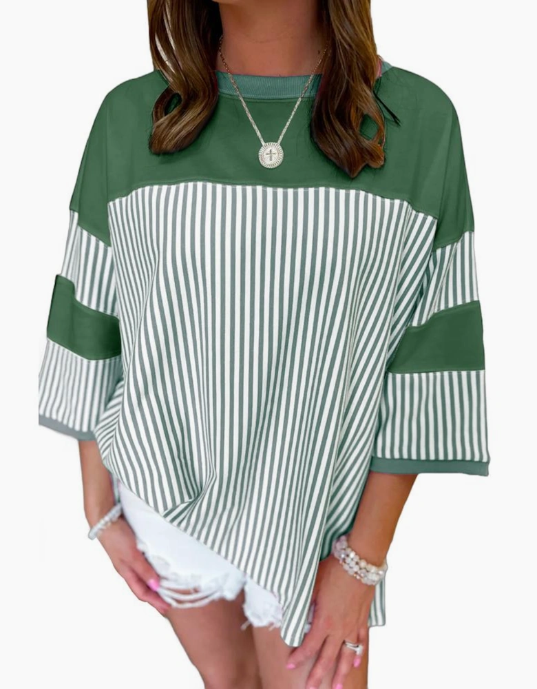 Mist Green Striped Patchwork 3/4 Sleeve Oversize Top