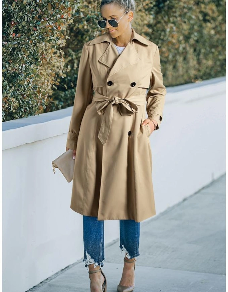 Pale Khaki Solid Color Lapel Collar Waist Tie Wind Coat