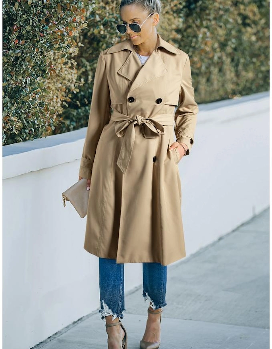 Pale Khaki Solid Color Lapel Collar Waist Tie Wind Coat