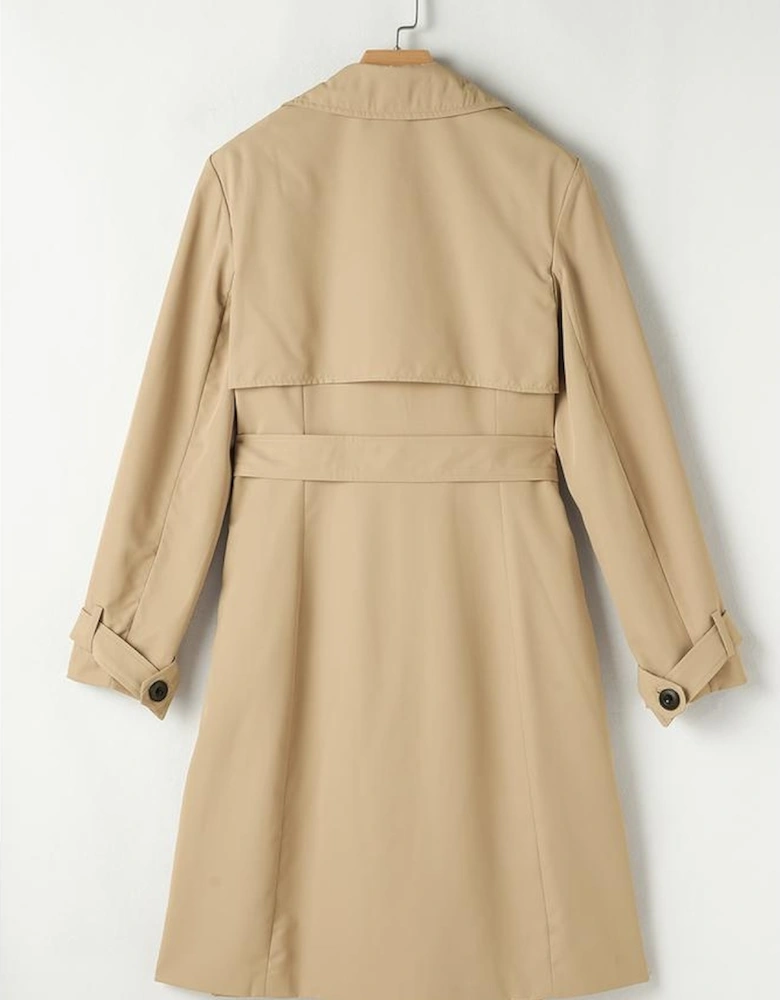Pale Khaki Solid Color Lapel Collar Waist Tie Wind Coat
