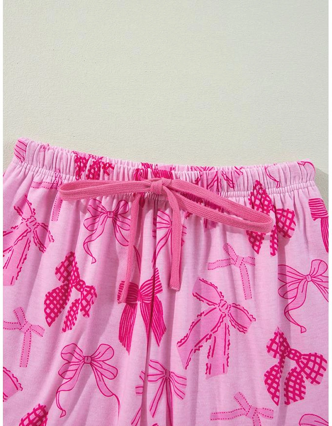Pink Bow Print Half Sleeve Shirt and Shorts Pajamas Set