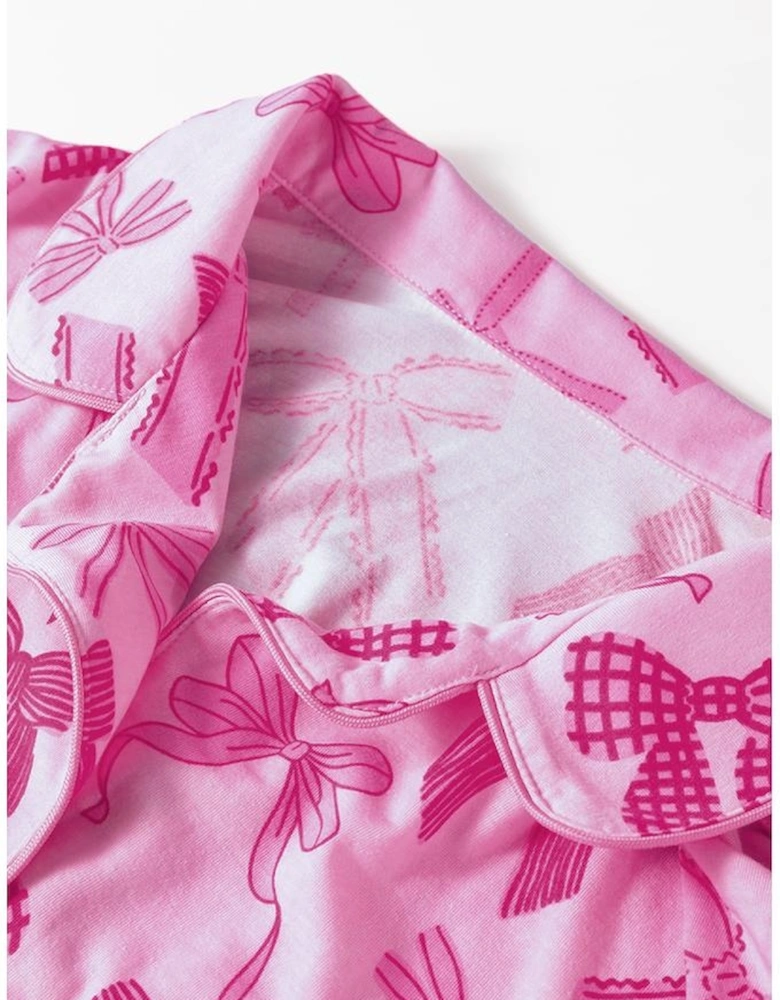 Pink Bow Print Half Sleeve Shirt and Shorts Pajamas Set