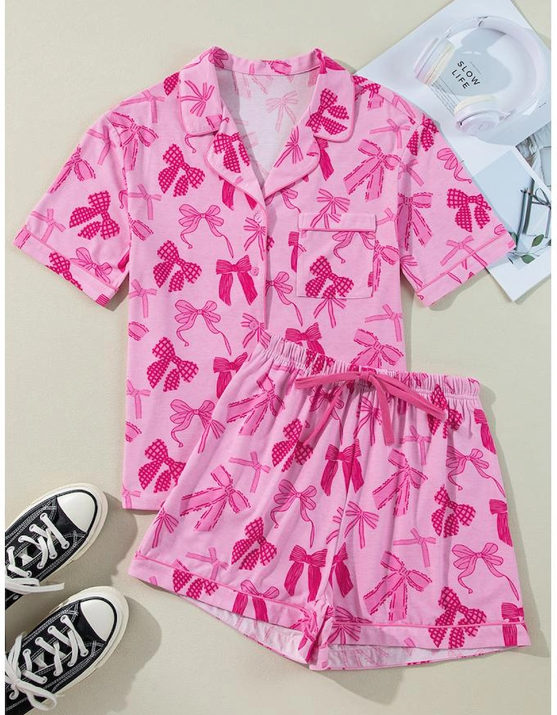 Pink Bow Print Half Sleeve Shirt and Shorts Pajamas Set