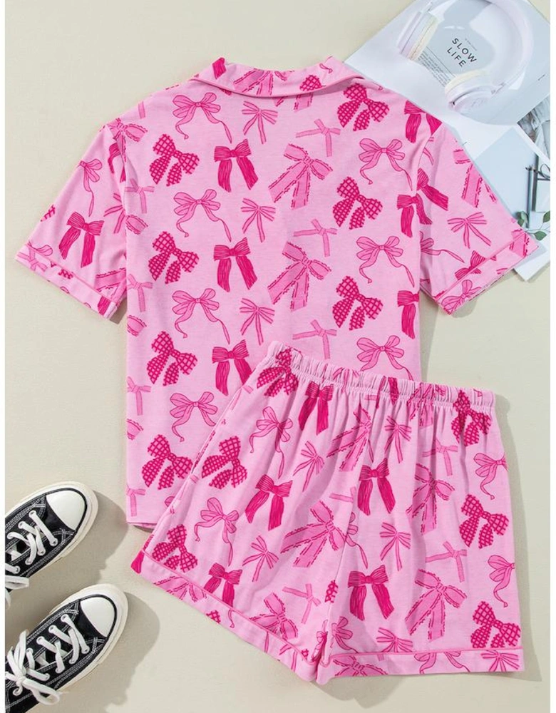 Pink Bow Print Half Sleeve Shirt and Shorts Pajamas Set
