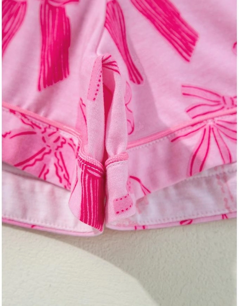 Pink Bow Print Half Sleeve Shirt and Shorts Pajamas Set
