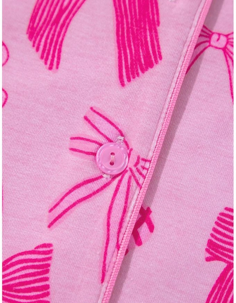 Pink Bow Print Half Sleeve Shirt and Shorts Pajamas Set