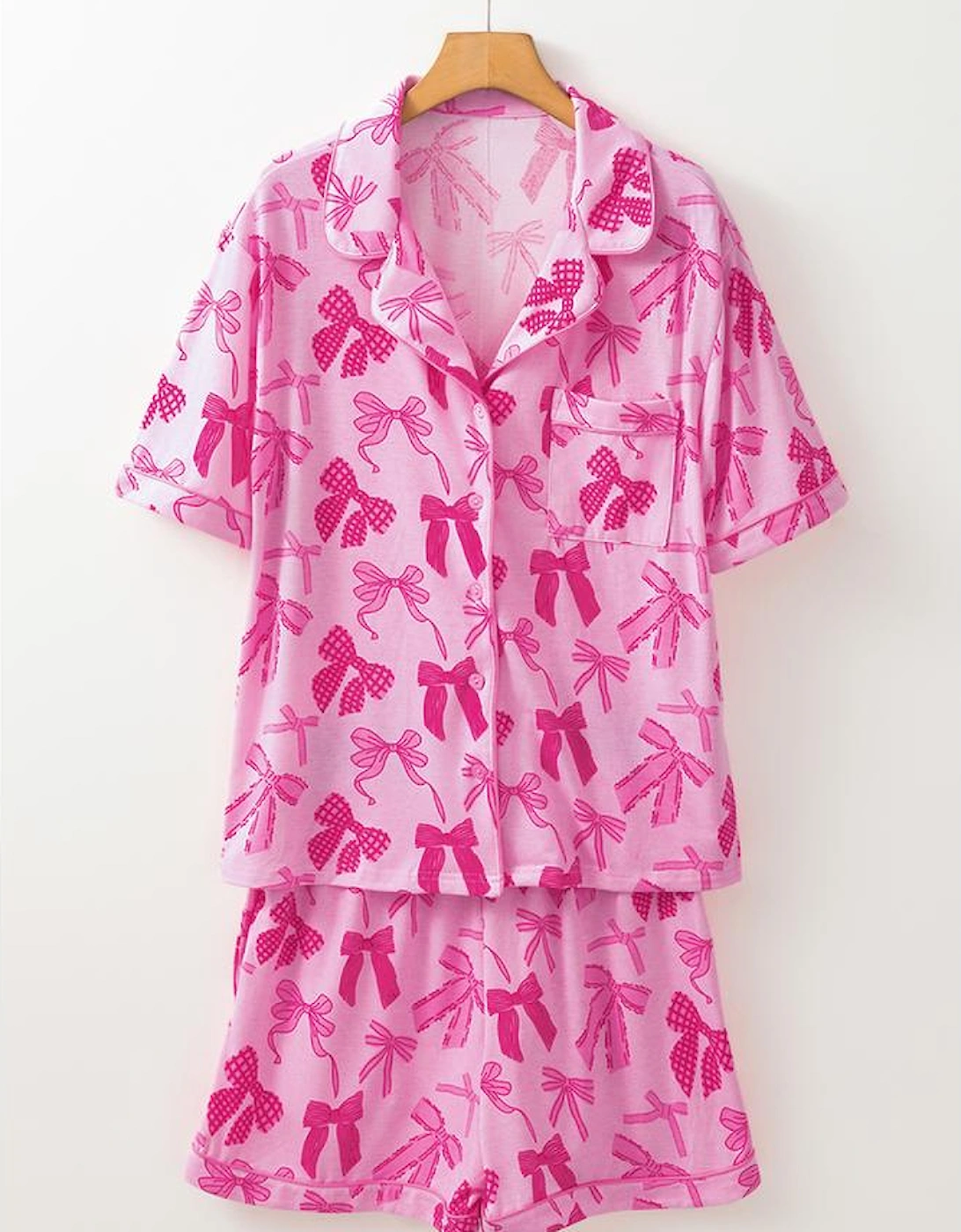 Pink Bow Print Half Sleeve Shirt and Shorts Pajamas Set